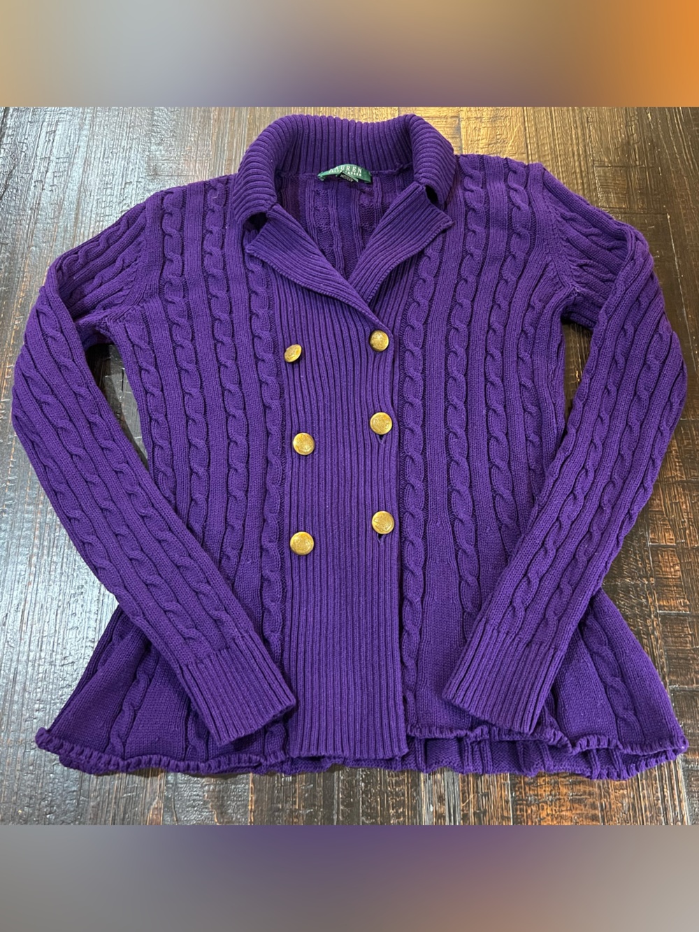 Lauren Ralph Lauren Purple Cable Knit Sweater M Double Breasted Gold Buttons